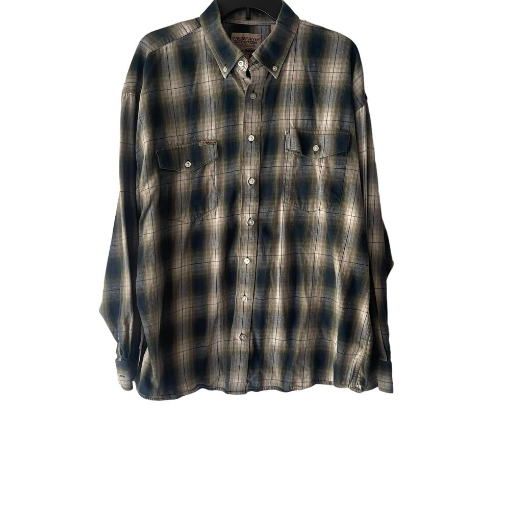 Panhandle Powder River Outfitters Size XL Cotton Green Plaid‎ Flannel Button Up